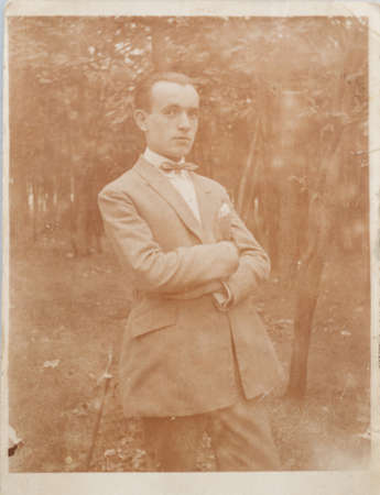 Poland 1945, old photo visite portrait of young man in suiteの写真素材
