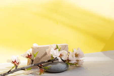 Minimal modern product display on gray and yellow background with travertine podium. stone and almond tree twigの写真素材