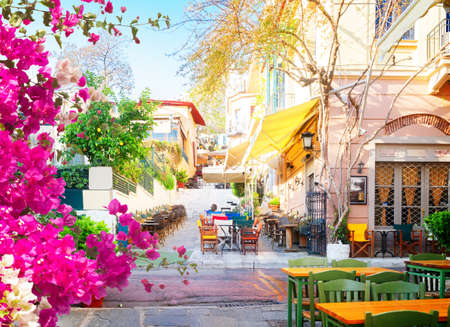 small cosy street of famous Placa district in Athens The Ancient Agora of Classical Athens, Greeceの写真素材