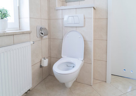 Modern white wc bowl in beige bathroom toiletの写真素材