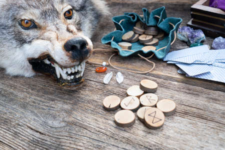 Handmade runes for fortunetelling with wolf headの写真素材