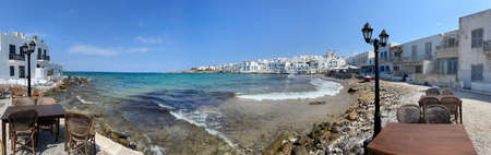 Naoussa town waterfront at harbour, beautiful Greek islands, Paros Greece, wide web panoramaの写真素材