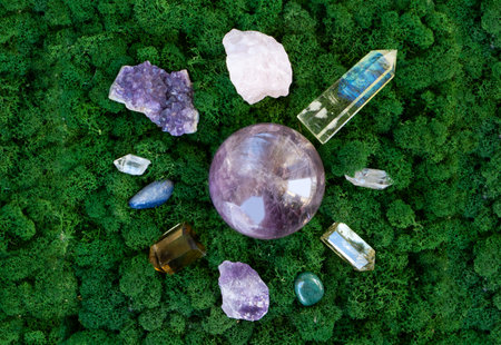 gemstone minerals on mysterious natural forest moss background, quartz, ametist and calcite crystals...