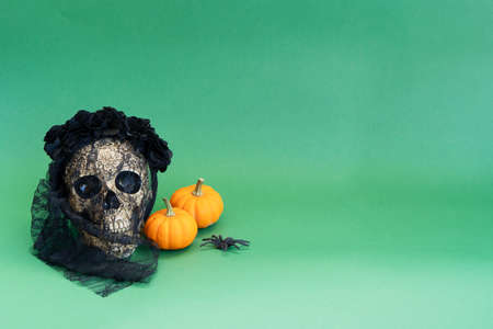 Dia de los muertos traditional holiday - day of the dead - skull in veil in flowers on green background, traditional symbolの写真素材