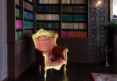 Chair in vintage library room interior backgroundの写真素材