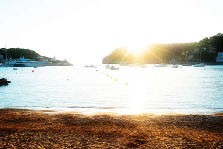 sunset in Port Soller harbour with ships, Mallorca at summer, tonedの写真素材