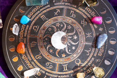 Gemstones for zodiac signes, minerals over life flower chart. Magic healing Rock for Reiki Crystal Ritual, Witchcraft, spiritual esoteric practiceの写真素材