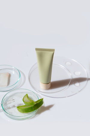 Glass petri dish with transparent pure serum for skin care with cosmetic tube and aloe vera pieces on white background, top view. Concept laboratory tests and research, making and testing cosmeticの写真素材