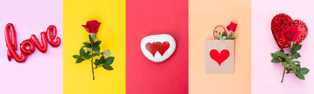 Valentines day web banner background, with rose, gift box, love sign and hearts, holiday festive backgroundの写真素材