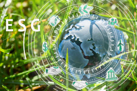 Glass globe in the grass concept for environment protection ans ESG - enviroment, society and...