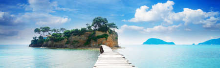 bridge to Agios Sostis island, Beautiful landscape of Zakinthos island, Greece, retro tonedの写真素材
