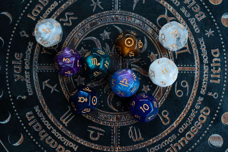 Horoscope zodiac circle with divination dice. Fortune telling and astrology predictions charts...