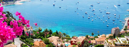 landscape of riviera coast, turquiose water and blue sky of cote dAzur at sunny summer day, France,...