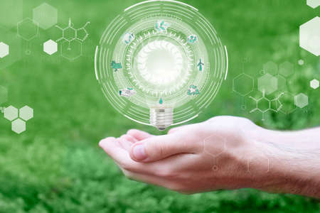 Green energy concept. Future environmental conservation and sustainable ESG modernization, technology of renewable resources to reduce pollution and carbon emissionの写真素材