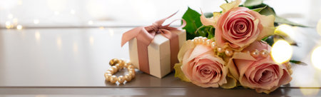 Rose fresh flowers bouquet on gray table by the window with gift box and bokeh lightsの写真素材