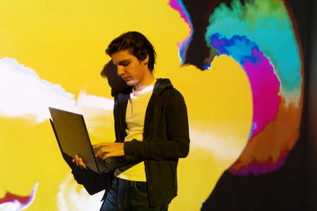 man inside virtual metaverse space, virtual gaming and augmented reality conceptの写真素材