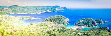view of Paleokastritsa beach bay on Korfu, Greece, web banner or panorama format