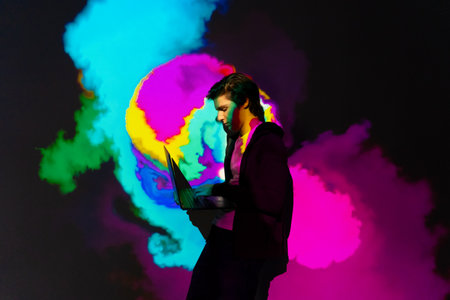 man inside virtual metaverse space, virtual gaming and augmented reality concept