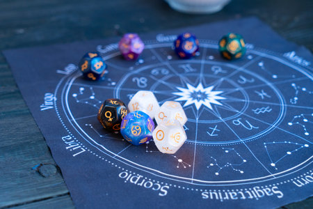 Horoscope zodiac circle with divination dice. Fortune telling and astrology predictions concept, magic rituals and exoteric experience practiceの写真素材