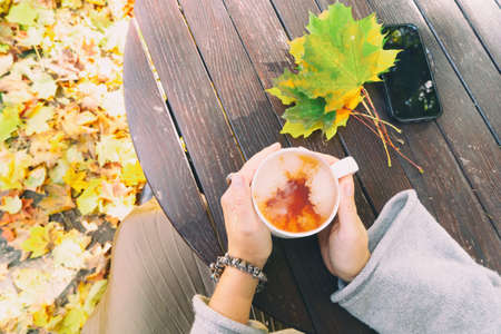 Autumn lifestyle with woman hands close up