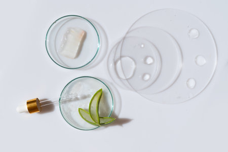 Glass petri dishes with transparent pure serum for skin care with aloe vera on white background, top view. Concept laboratory tests and research, making and testing green ecological cosmeticの写真素材