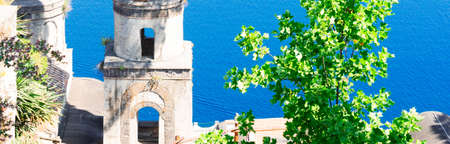 Belltower in Ravello village with sea view, Amalfi coast of Italy, web bannerの写真素材