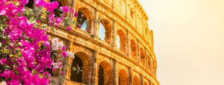 ruins of Colosseum at sunrise light in Rome with flowers, Italy, web bannerの写真素材