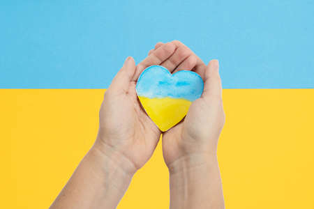 Hands holding heart in colors of Ukranian flag, support of Ukraine conceptの写真素材