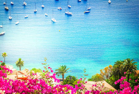 turquiose water of cote dAzur coast from above, France, retro tonedの写真素材
