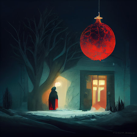 door of house with christmas decorations in snow with holiday lights, festive illustrationの写真素材