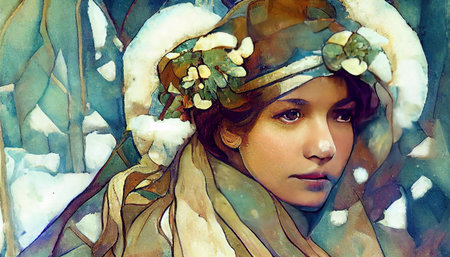 Girls with snow in winter forest, art nouveau style