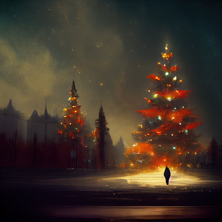 christmas evergreen tree forest in snow with holiday lights, festive illustrationの写真素材