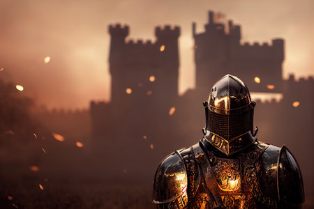 Knight in front of castle, in black and golden armorの写真素材