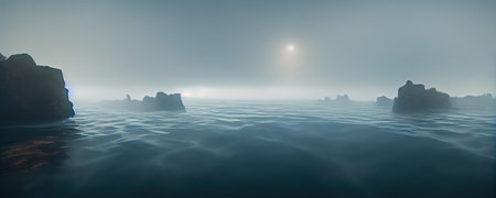 Calm deep water background with fog, web banner formatの写真素材