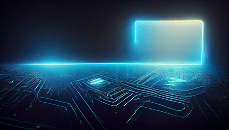 abstract motherboard and circuit background with blue neaon lights and copy spaceの写真素材