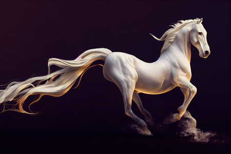 White horse galloping over dark background, isolated on blackの写真素材