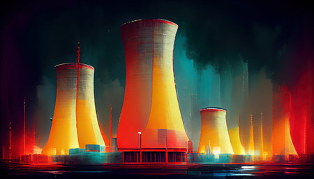 Nuclear plant illuminated in night illustration, nuclear energie industry conceptの写真素材