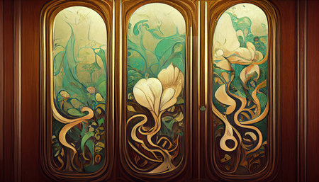 sample fabric with art Nouveau Modern pattern, leaf and floral shapes, golden threads on teal colored silk, illustrationの写真素材