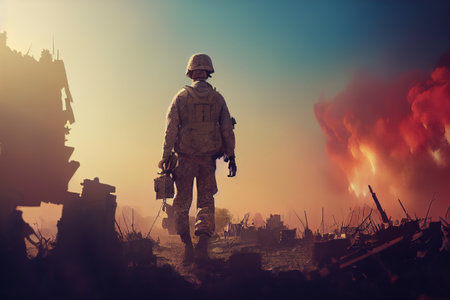 One soldier on battlefield, fire and smoke clouds in backgroundの写真素材