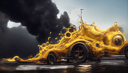 Car motor oil drop, pouring liquid fuel in golde color with car wheels, concept illustrationの写真素材