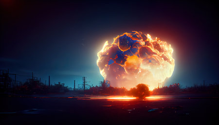 Nuclear bomb explosion, mushroom cloud over industrial nuclear plant zone at night, 3D illustrationの写真素材