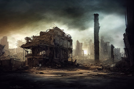 Destroyed in war post-apocalyptic city backgroundの写真素材