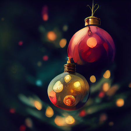 Hanging red christmas ball with garlands on dark bokeh backgroundの写真素材