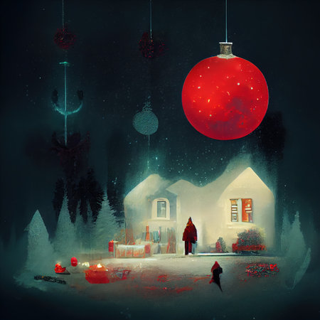 house with christmas decorations in snow with holiday lights, festive illustrationの写真素材