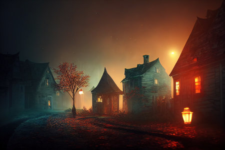 Mystical autumn town street, Spooky houses or witch huts, dark and scary village illuminated at night, halloween sceneの写真素材