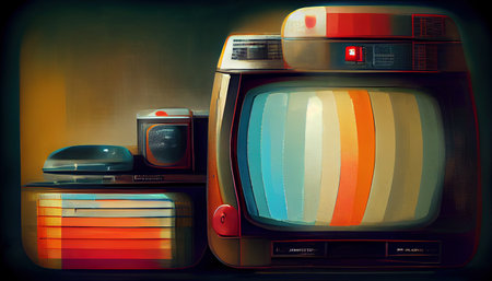 vintage set of tv equipments with displays, retro roomの写真素材