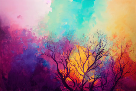 Colorful vintage organic background with tree branches, violet, teal and orange linesの写真素材