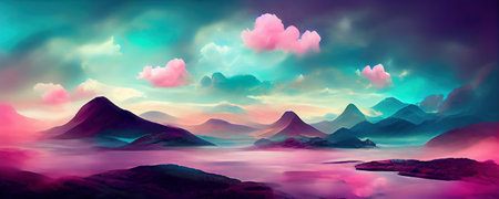 Pastel colored abstract landscape, fantasy background, web banner formatの写真素材