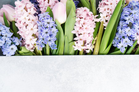 Easter scene with fresh tulips and copy space for Happy Easter greetingsの写真素材