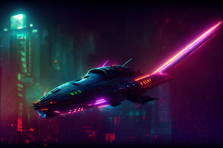 space ship illustration, city in virtual reality, cyberpunk city street in neon lightsの写真素材